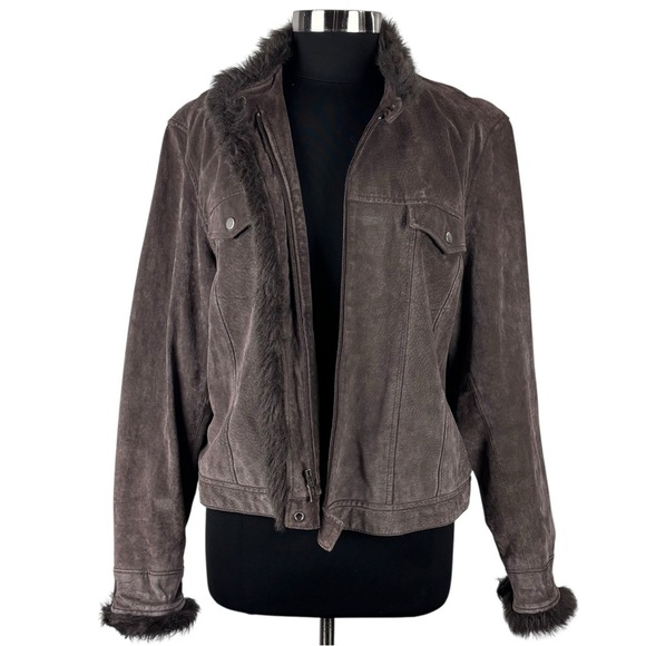 Y2K CROPPED SUEDE LEATHER FAUX FUR TRIM CHOCOLATE BROWN JACKET COLDWATER CREEK - Picture 4 of 15